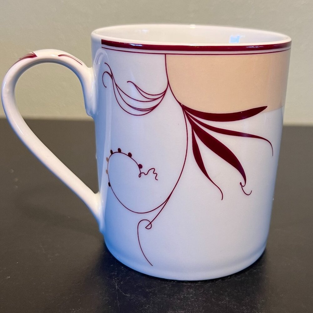 Villa Noblesse White Ceramic Coffee Mug Maroon Floral Arabesque Germany 10oz